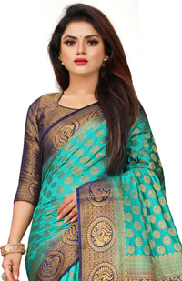 SKY-NAVY BLUE JACQUARD BALATON SILK SAREE WITH GOLD JARI BUTTI