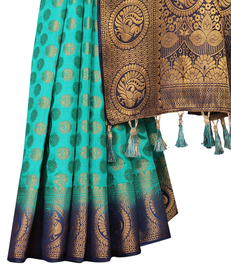 SKY-NAVY BLUE JACQUARD BALATON SILK SAREE WITH GOLD JARI BUTTI