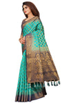 SKY-NAVY BLUE JACQUARD BALATON SILK SAREE WITH GOLD JARI BUTTI