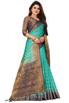SKY-NAVY BLUE JACQUARD BALATON SILK SAREE WITH GOLD JARI BUTTI
