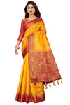 YELLOW-RED JACQUARD BALATON SILK SAREE WITH GOLD JARI BUTTI
