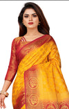 YELLOW-RED JACQUARD BALATON SILK SAREE WITH GOLD JARI BUTTI