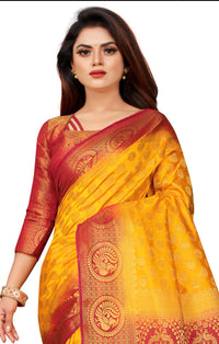 YELLOW-RED JACQUARD BALATON SILK SAREE WITH GOLD JARI BUTTI