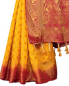 YELLOW-RED JACQUARD BALATON SILK SAREE WITH GOLD JARI BUTTI