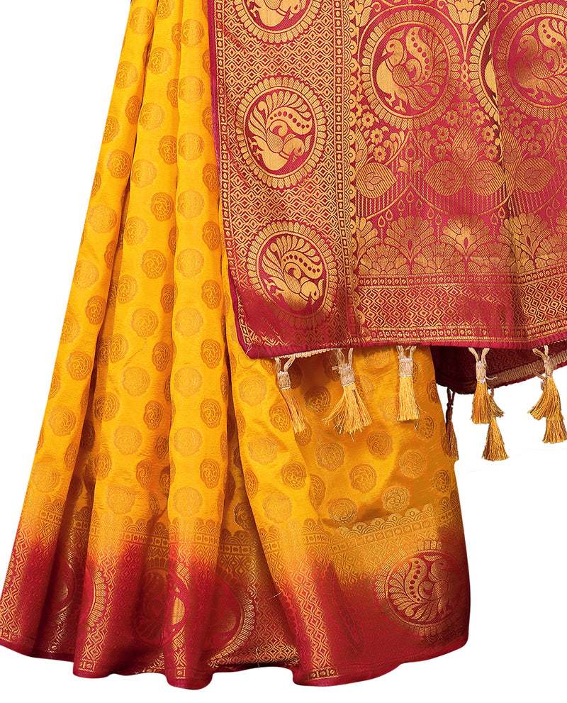 YELLOW-RED JACQUARD BALATON SILK SAREE WITH GOLD JARI BUTTI