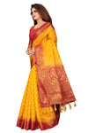 YELLOW-RED JACQUARD BALATON SILK SAREE WITH GOLD JARI BUTTI