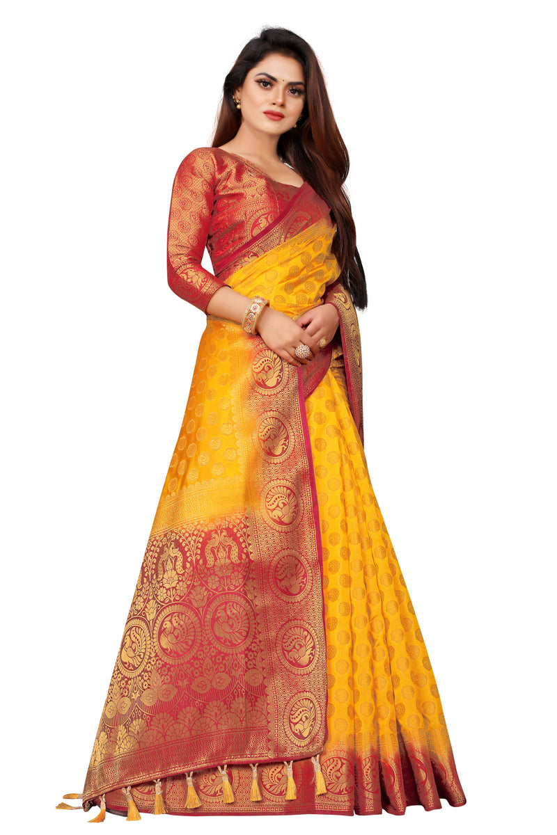 YELLOW-RED JACQUARD BALATON SILK SAREE WITH GOLD JARI BUTTI