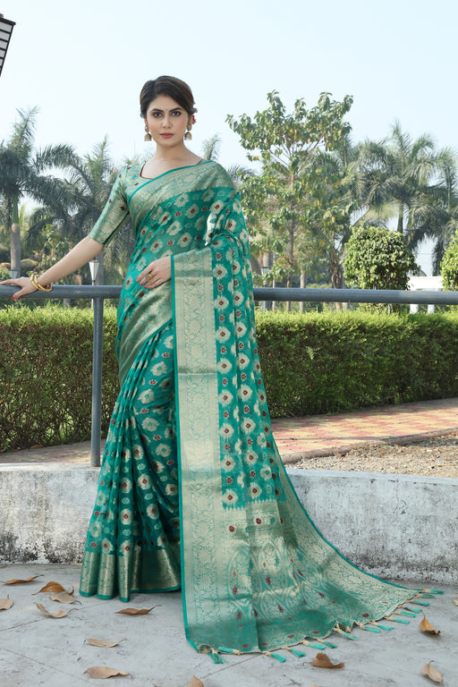 MOR PICH JACQUARD ORGANZA MENO SILK SAREE WITH JARI BUTTI