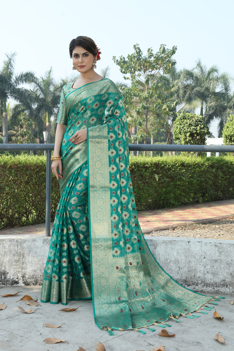 MOR PICH JACQUARD ORGANZA MENO SILK SAREE WITH JARI BUTTI