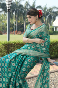 MOR PICH JACQUARD ORGANZA MENO SILK SAREE WITH JARI BUTTI