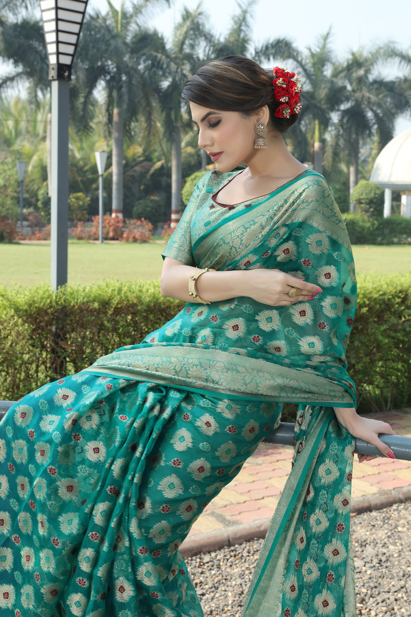 MOR PICH JACQUARD ORGANZA MENO SILK SAREE WITH JARI BUTTI