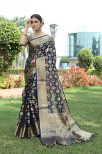 NAVY BLUE JACQUARD ORGANZA MENO SILK SAREE WITH JARI BUTTI
