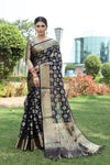 NAVY BLUE JACQUARD ORGANZA MENO SILK SAREE WITH JARI BUTTI