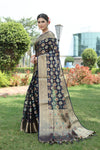 NAVY BLUE JACQUARD ORGANZA MENO SILK SAREE WITH JARI BUTTI