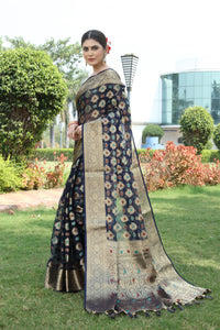 NAVY BLUE JACQUARD ORGANZA MENO SILK SAREE WITH JARI BUTTI