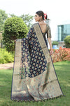 NAVY BLUE JACQUARD ORGANZA MENO SILK SAREE WITH JARI BUTTI