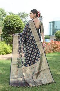 NAVY BLUE JACQUARD ORGANZA MENO SILK SAREE WITH JARI BUTTI