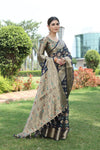 NAVY BLUE JACQUARD ORGANZA MENO SILK SAREE WITH JARI BUTTI