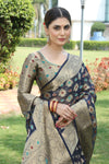 NAVY BLUE JACQUARD ORGANZA MENO SILK SAREE WITH JARI BUTTI