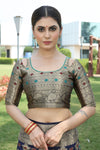 NAVY BLUE JACQUARD ORGANZA MENO SILK SAREE WITH JARI BUTTI