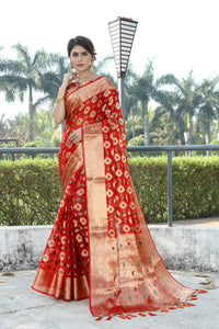 RED JACQUARD ORGANZA MENO SILK SAREE WITH JARI BUTTI