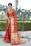RED JACQUARD ORGANZA MENO SILK SAREE WITH JARI BUTTI