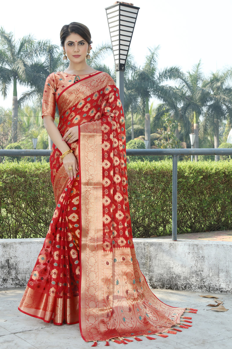 RED JACQUARD ORGANZA MENO SILK SAREE WITH JARI BUTTI