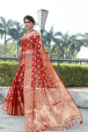 RED JACQUARD ORGANZA MENO SILK SAREE WITH JARI BUTTI