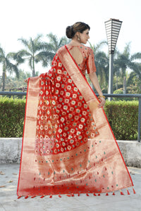 RED JACQUARD ORGANZA MENO SILK SAREE WITH JARI BUTTI