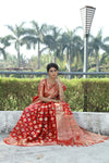 RED JACQUARD ORGANZA MENO SILK SAREE WITH JARI BUTTI