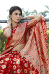 RED JACQUARD ORGANZA MENO SILK SAREE WITH JARI BUTTI