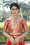 RED JACQUARD ORGANZA MENO SILK SAREE WITH JARI BUTTI