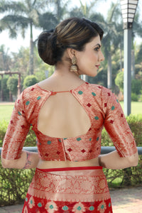 RED JACQUARD ORGANZA MENO SILK SAREE WITH JARI BUTTI