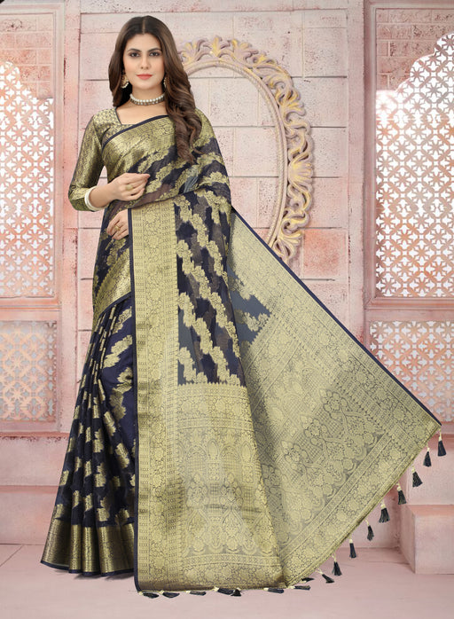 NAVY BLUE JACQUARD ORGANZA SILK SAREE WITH ANMOL JARI BUTTI