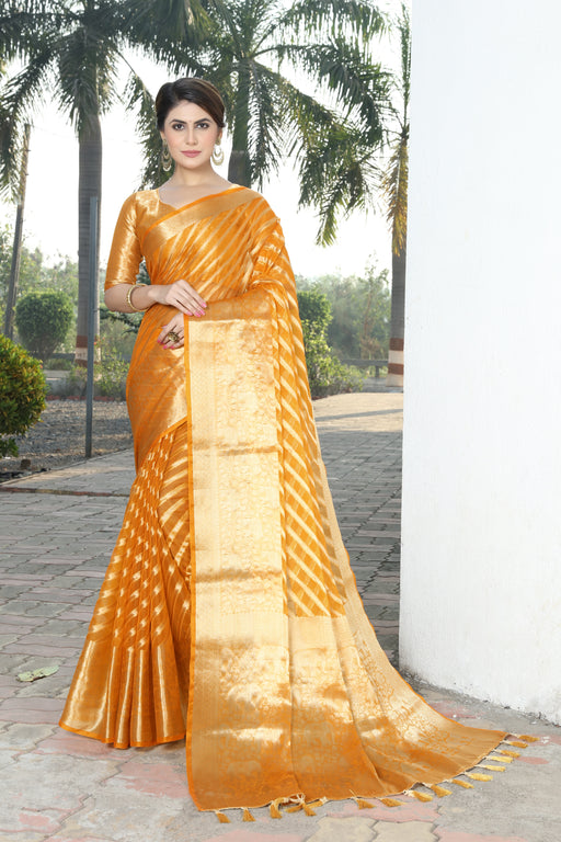 YELLOW JACQUARD ORGANZA SILK SAREE WITH ANMOL JARI BUTTI