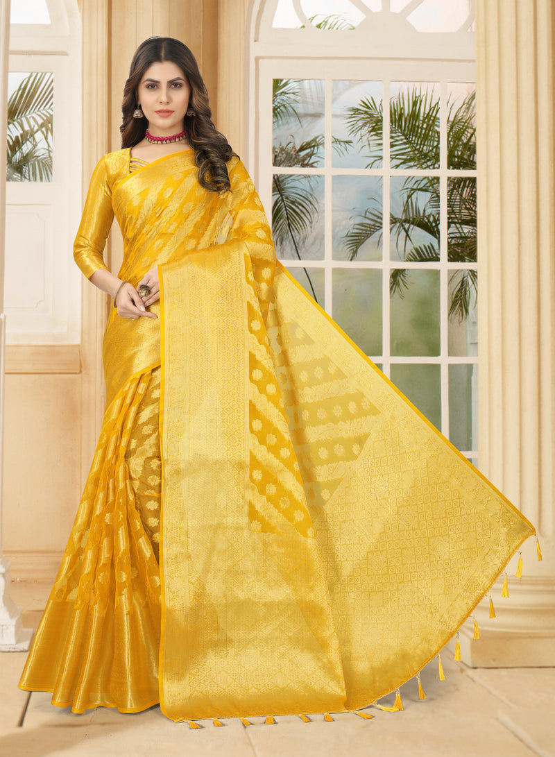 YELLOW JACQUARD ORGANZA SILK SAREE WITH ANMOL JARI BUTTI