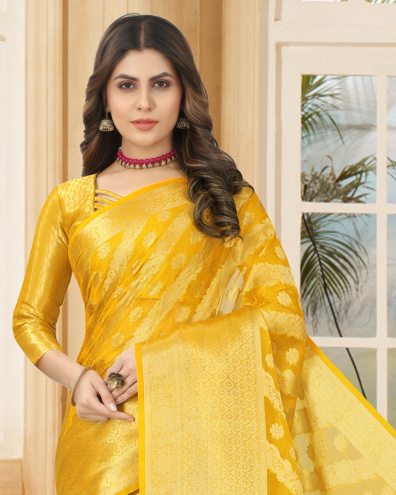 YELLOW JACQUARD ORGANZA SILK SAREE WITH ANMOL JARI BUTTI
