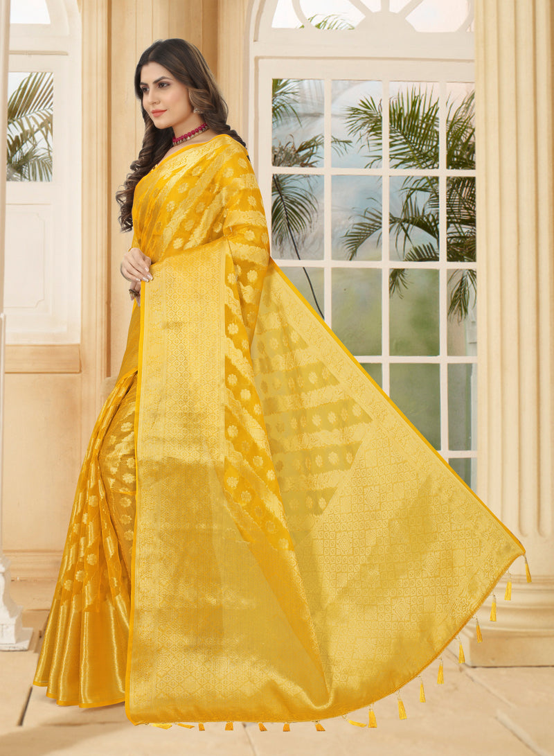 YELLOW JACQUARD ORGANZA SILK SAREE WITH ANMOL JARI BUTTI