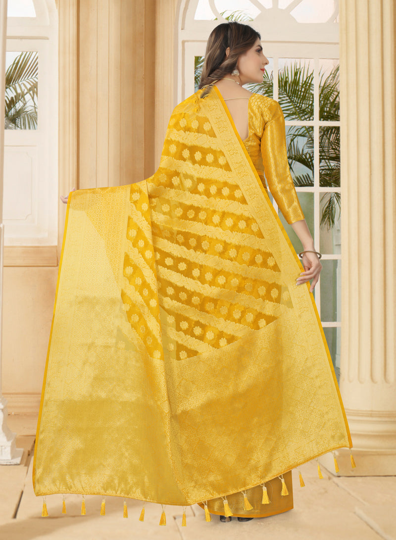 YELLOW JACQUARD ORGANZA SILK SAREE WITH ANMOL JARI BUTTI