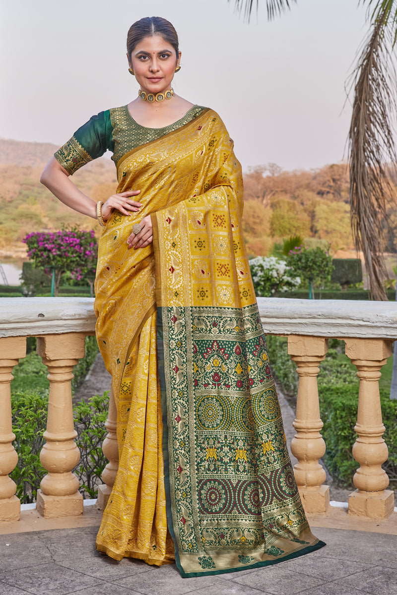Radiant Yellow Cotton Silk Saree with Rich Green Zari Pallu & Blouse