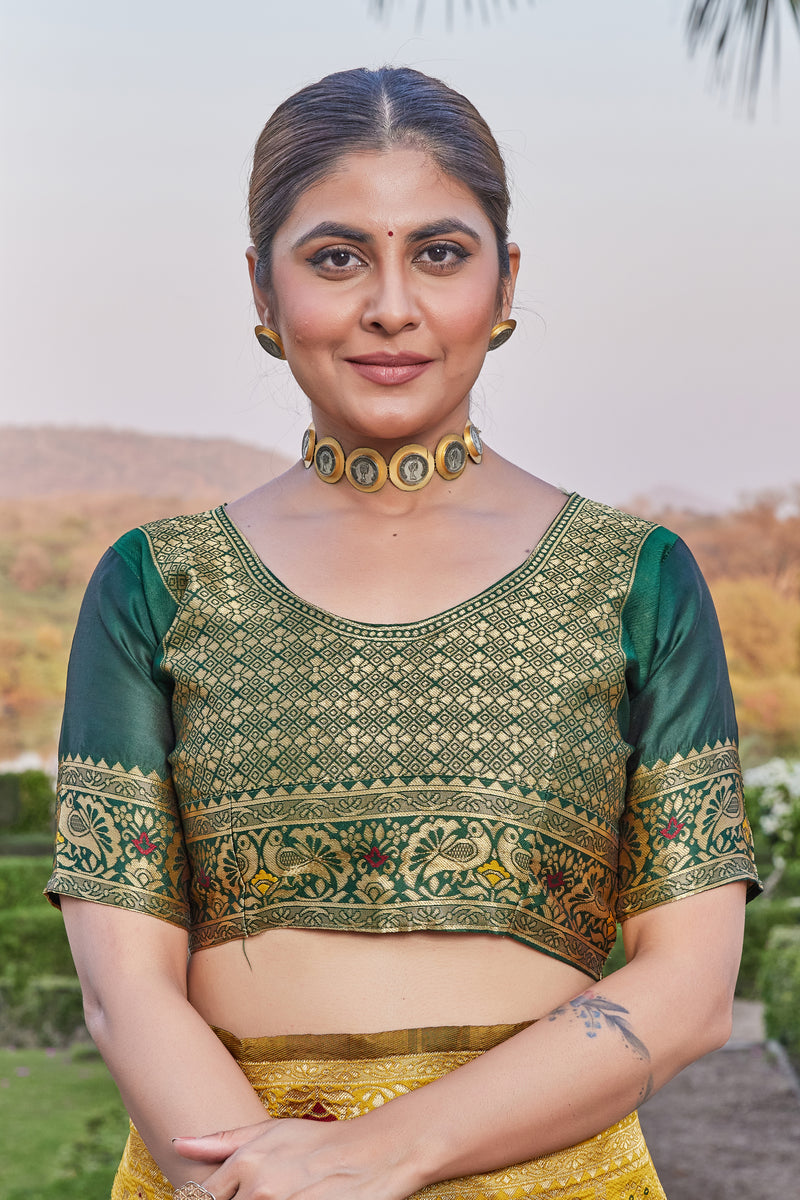 Radiant Yellow Cotton Silk Saree with Rich Green Zari Pallu & Blouse