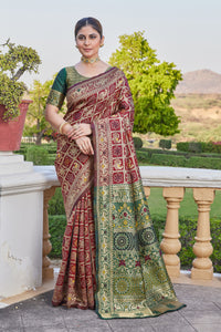 Maroon-Green Banarasi Cotton Silk Saree with Rich Zari Work