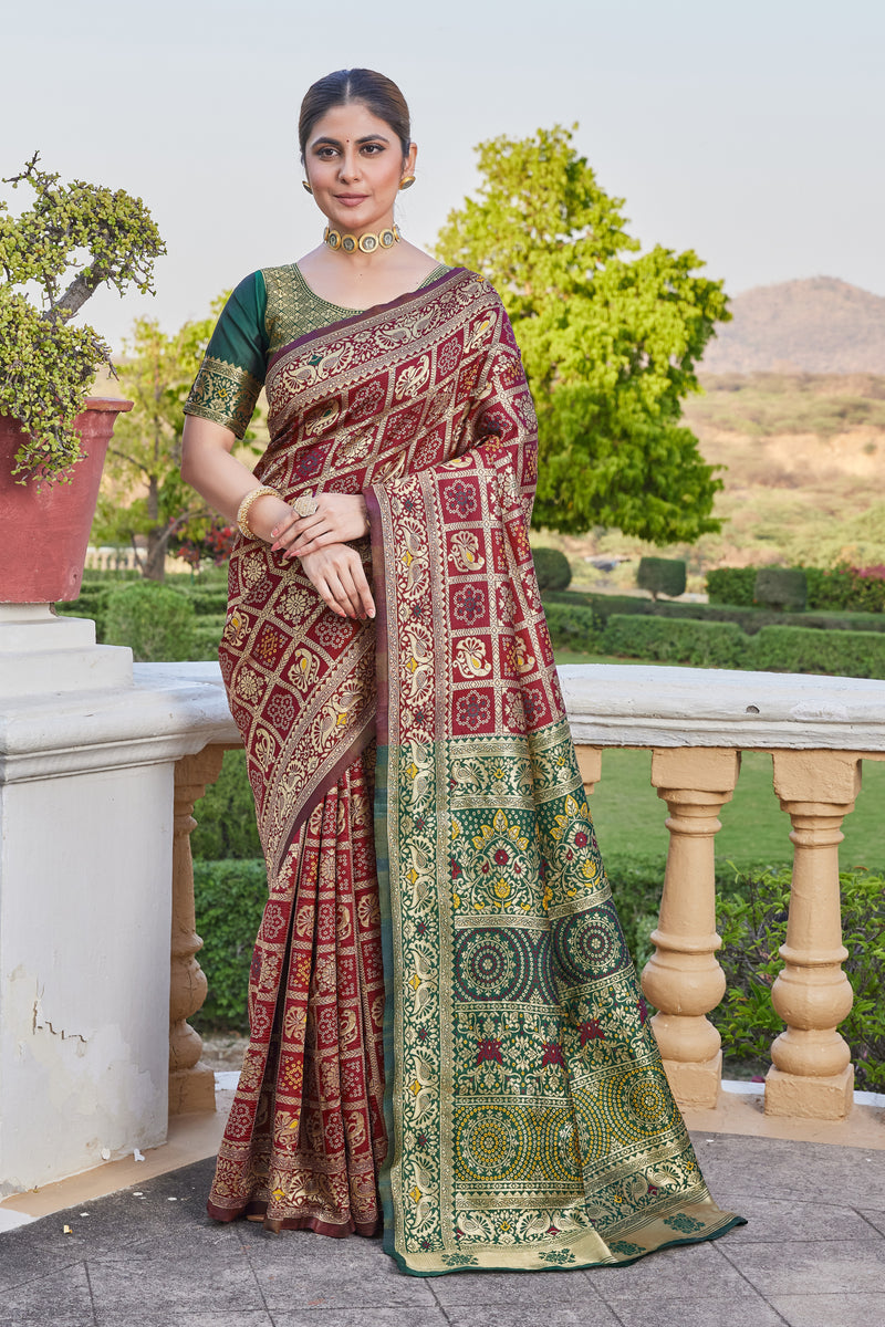 Maroon-Green Banarasi Cotton Silk Saree with Rich Zari Work