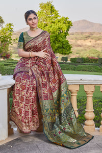Maroon-Green Banarasi Cotton Silk Saree with Rich Zari Work