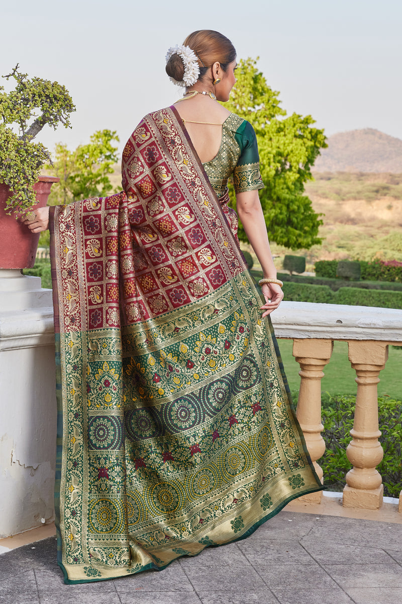 Maroon-Green Banarasi Cotton Silk Saree with Rich Zari Work