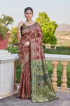 Maroon-Green Banarasi Cotton Silk Saree with Rich Zari Work