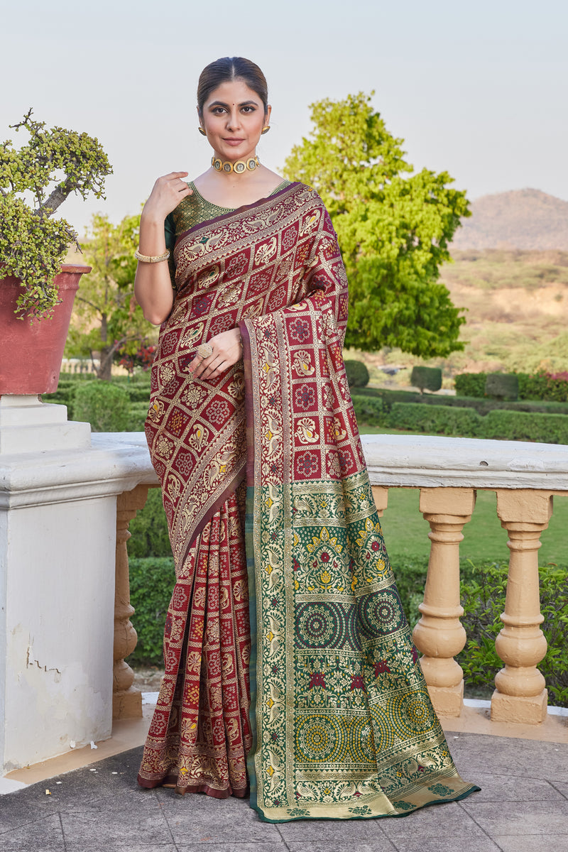 Maroon-Green Banarasi Cotton Silk Saree with Rich Zari Work