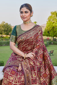 Maroon-Green Banarasi Cotton Silk Saree with Rich Zari Work