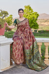 Maroon-Green Banarasi Cotton Silk Saree with Rich Zari Work