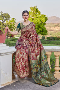 Maroon-Green Banarasi Cotton Silk Saree with Rich Zari Work